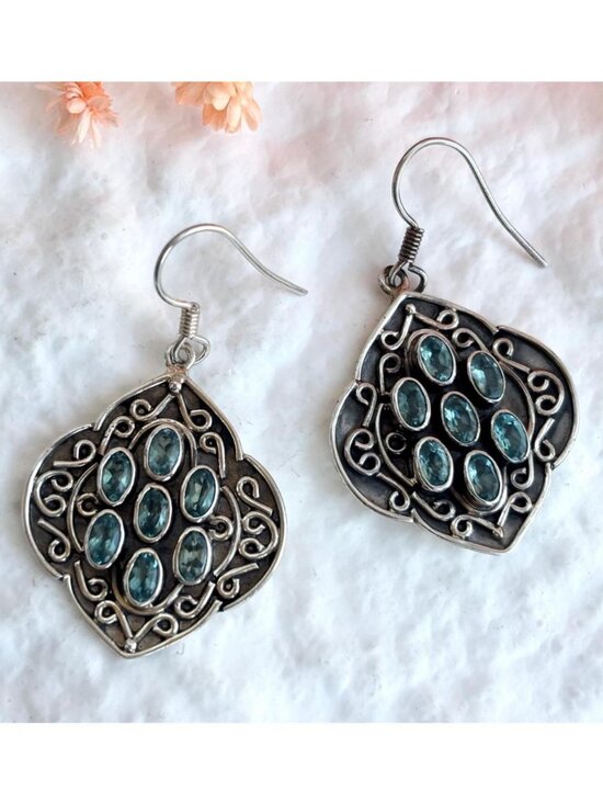 Jewelry - Blue Topaz Gemstone Oval Balinese Inspired Sterling Silver Vintage 925 Earrings